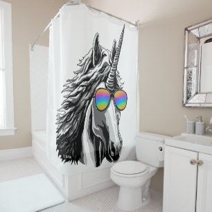 Cortina De Ducha Unicornio fresco con los sunglass del arco iris