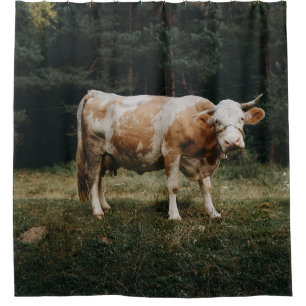 CORTINA DE DUCHA VACA DE COLOR MARRONES Y DE COLOR BLANCO