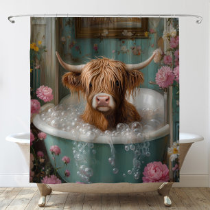 Cortina De Ducha Vaca de las Tierras Altas en bañera floral