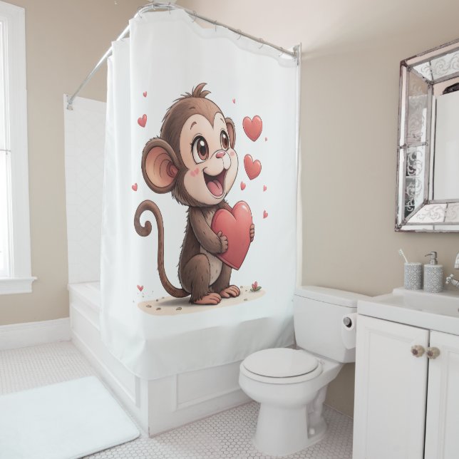 Cortina De Ducha Valentine's Day Shower Curtain, Monkey Red Heart (In situ)