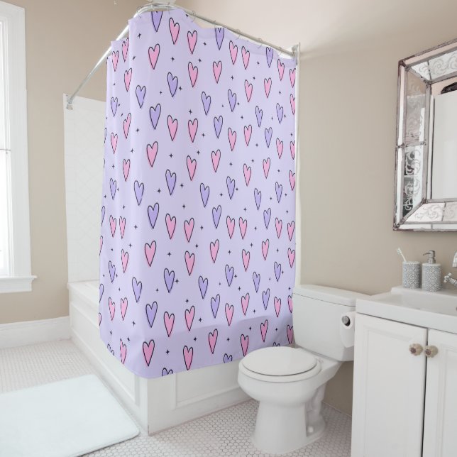 Cortina De Ducha Valentine's Day Shower Curtain, Pink Purple Hearts (In situ)