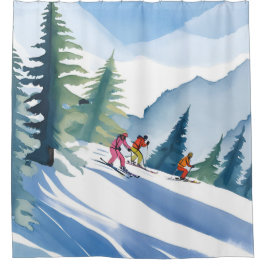 Cortina De Ducha Vamos a Esquiar | Pintura Acuarela de Invierno