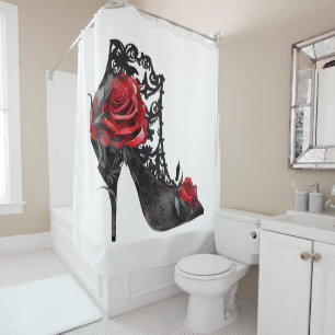 Cortina De Ducha Vampy Vogue Stiletto Lace Bootie y Roses Rojas