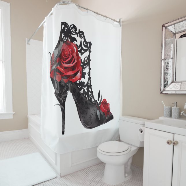 Cortina De Ducha Vampy Vogue | Stiletto Lace Bootie y Roses Rojas (In situ)