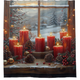 Cortina De Ducha Velas Rojas de Navidad Conos de Pino Vista de Invi