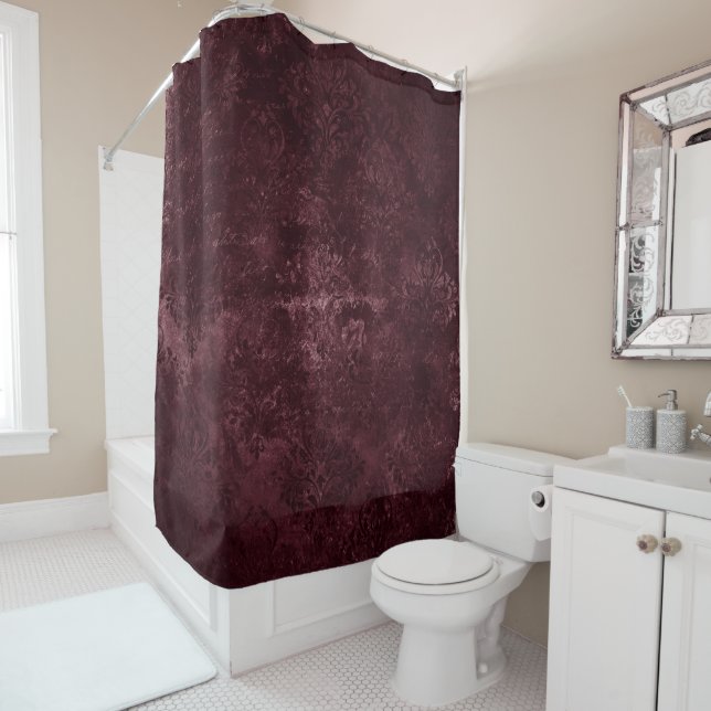 Cortina De Ducha Velvety Wine Damask | Bordeaux Sangria Grunge Glam (In situ)