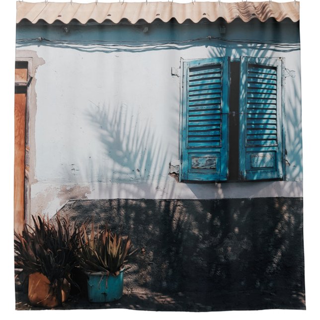 CORTINA DE DUCHA VENTANAS AZULES ABIERTAS AMUEBLADAS (Anverso)