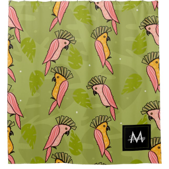 Cortina De Ducha Verano Cacatúas Monstera Follaje   (Anverso)