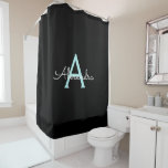 Cortina De Ducha Verde azulado Aqua Blue Girly Script Monograma Nom<br><div class="desc">Monograma azul acuático negro y Verde azulado Nombre Cortina de ducha de baño. Esto hace que el dulce perfecto cumpleaños 16,  boda,  ducha de novia,  aniversario,  ducha de bebé o fiesta de soltera sea regalo para alguien que ama el lujo glam y los estilos de moda.</div>