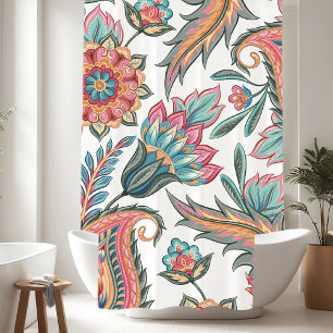 Cortina De Ducha Verde azulado, Naranja rosa Paisley Floral Shower 
