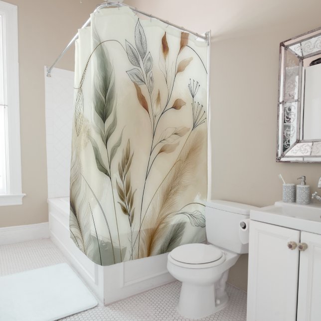 Cortina De Ducha Verde moderno y delicado, botánico boho (In situ)