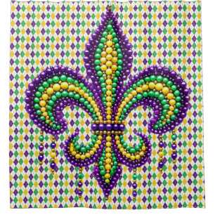 Cortina De Ducha Verde morado Mardi Gras fleur de lis
