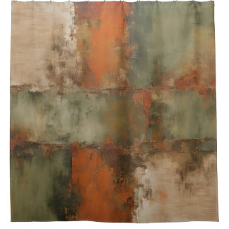 Cortina De Ducha Verde Oliva Salvia Naranja Quemado Abstracto Deter