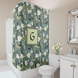 Cortina De Ducha Verde Salvia Chinoiserie Floral Blanco Inicial