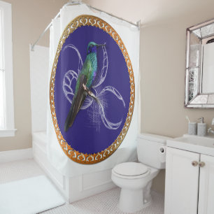 Cortina De Ducha Verde turquesa y azul con colibrí púrpura