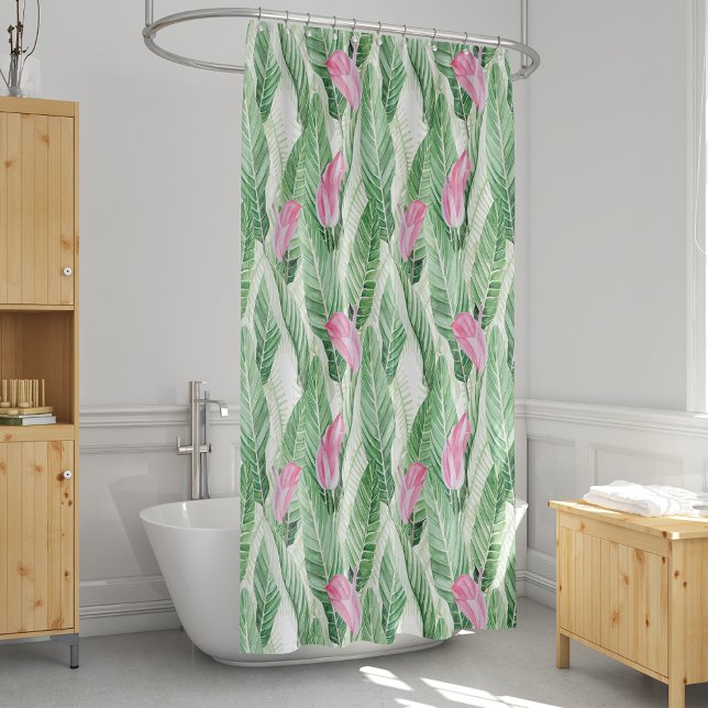 Cortina De Ducha Verdor floral rosado tropical (Tropical Pink Floral Greenery Shower Curtain)