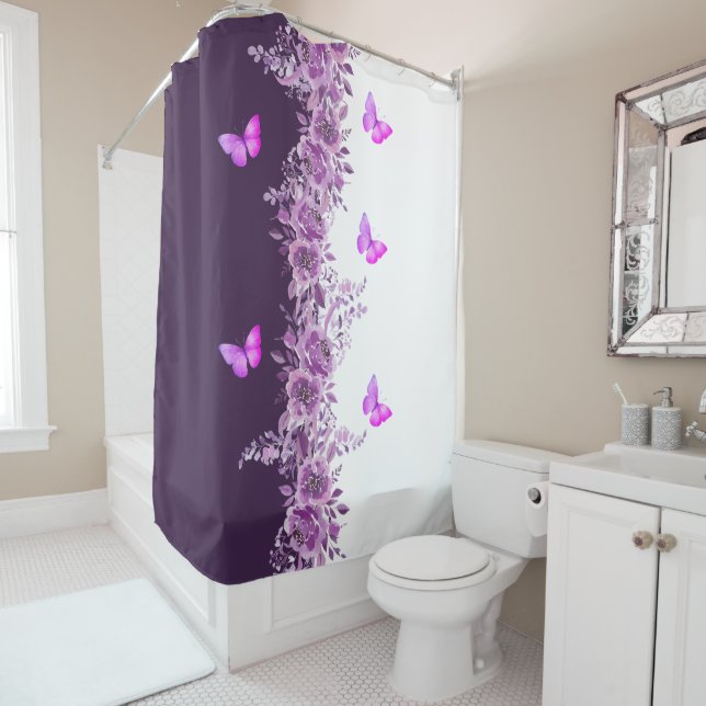 Cortina De Ducha Vibrant Purple Butterfly and Floral  (In situ)