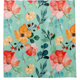 Cortina De Ducha Vibrant Watercolor Floral Orange Blue Pattern