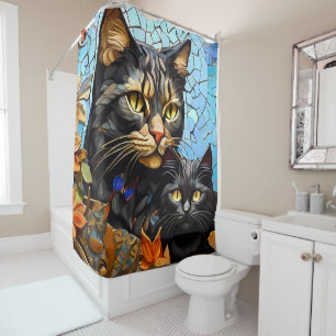 Cortina De Ducha Vibrante Línea Artística de Gato Mosaico con Crist