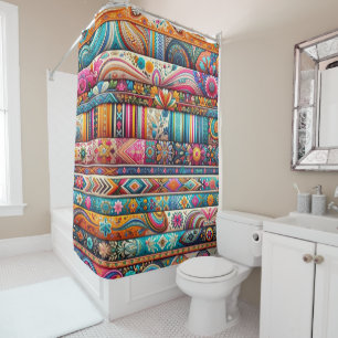 Cortina De Ducha Vibrantes franjas de boho: Arte textil ecléctico