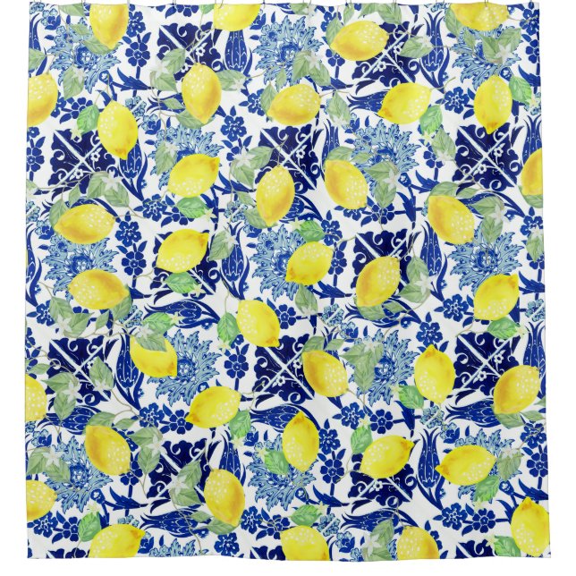 Cortina De Ducha Vibrantes Lemons y Blue Floral Tile (Anverso)