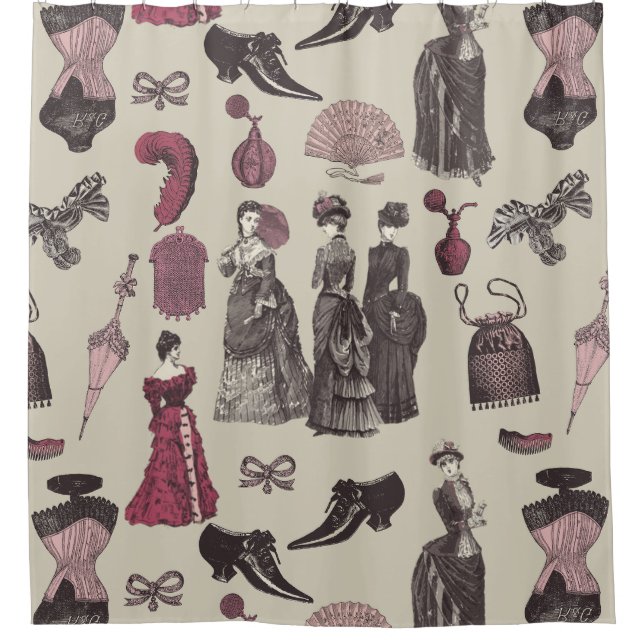 Cortina De Ducha victorian era fashion women toile beige (Anverso)