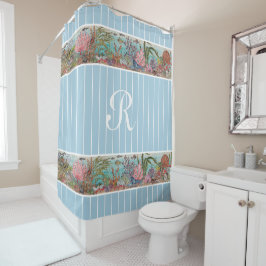 Cortina De Ducha Vida marina Vintage Blue Ocean Fish Coral Monogram