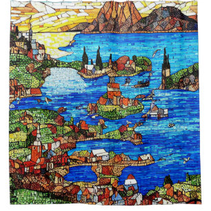 Cortina De Ducha Vidrio con manchas de mosaico del mar Mediterráneo