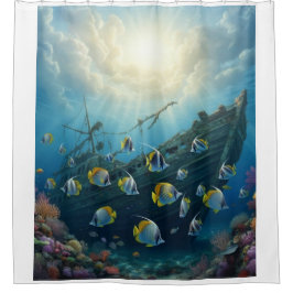 Cortina De Ducha Viejo naufragio en el arrecife con peces