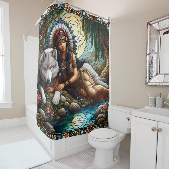 Cortina De Ducha Vínculo pacífico: Mujer nativa y lobo (In situ)