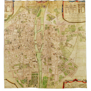 Cortina De Ducha Vintage antiguo 1676 de río Sena del mapa de Par