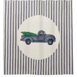 Cortina De Ducha Vintage Blue Christmas Tree Truck Shower Cortain