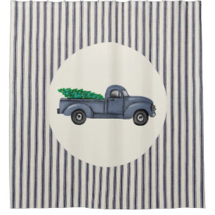 Cortina De Ducha Vintage Blue Christmas Tree Truck Shower Cortain