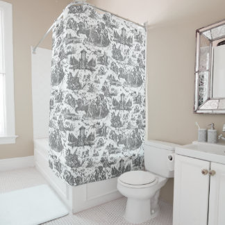 Cortina De Ducha Vintage Chariot francés de Dawn Toile de Jouy-Gray