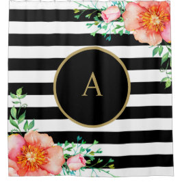 Cortina De Ducha Vintage Floral Gold Monograma blanco negro a rayas