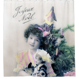 Cortina De Ducha Vintage Joyeux Noël con Chica y muñeca