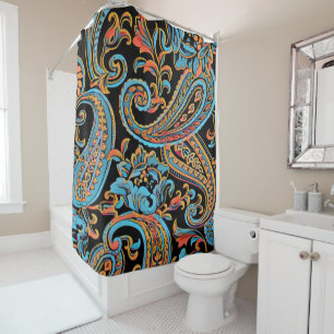 Cortina De Ducha Vintage Paisley, Naranja del cielo azul y otoño