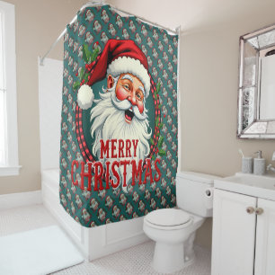 Cortina De Ducha Vintage Santa Merry Christmas Ilustracion Patten