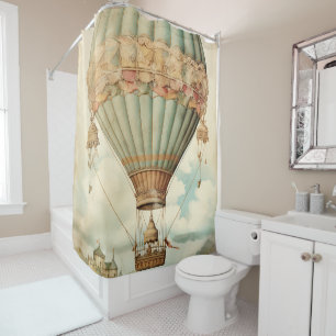 Cortina De Ducha Vintage Steampunk Blue Hot Air Balloon