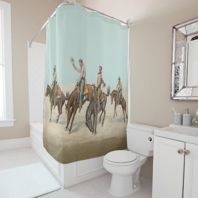 Cortina De Ducha Vintage Western 4 Vaqueros En Caballos Malditos (In situ)