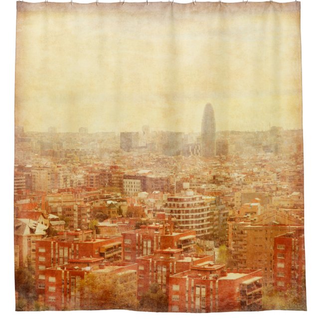 Cortina De Ducha Vista de Barcelona en estilo grunge y retro. (Anverso)
