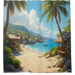 Cortina De Ducha Vista de chozas de playa y océano enmarcada por pa