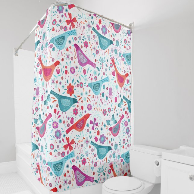 Cortina De Ducha Watercolor Bird and Floral (Watercolor birds & flowers painting in teal green, magenta pink, purple & orange art shower curtain)