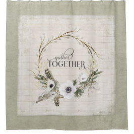 Cortina De Ducha Watercolor Rústico Wreath Floral Madera Arte