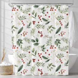Cortina De Ducha Watercolor Winter Greenery & Red Berry Botanical