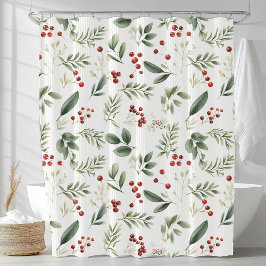 Cortina De Ducha Watercolor Winter Greenery & Red Berry Botanical
