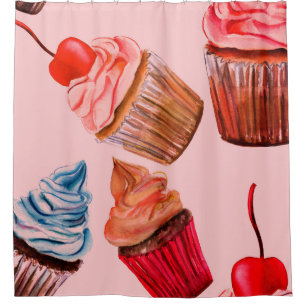 Cortina De Ducha Watercolour cupcakes seamless background pattern,