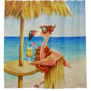 Cortina De Ducha Whimsical Beach Babe Flamingo No. 4 Watercolor Art