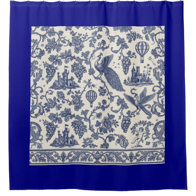 Cortina De Ducha Whimsical Blue and White Peacock, castillo (Anverso)