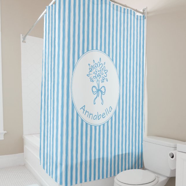 Cortina De Ducha Whimsical Blue White Stripe Preppy Monogram (Subido por el creador)